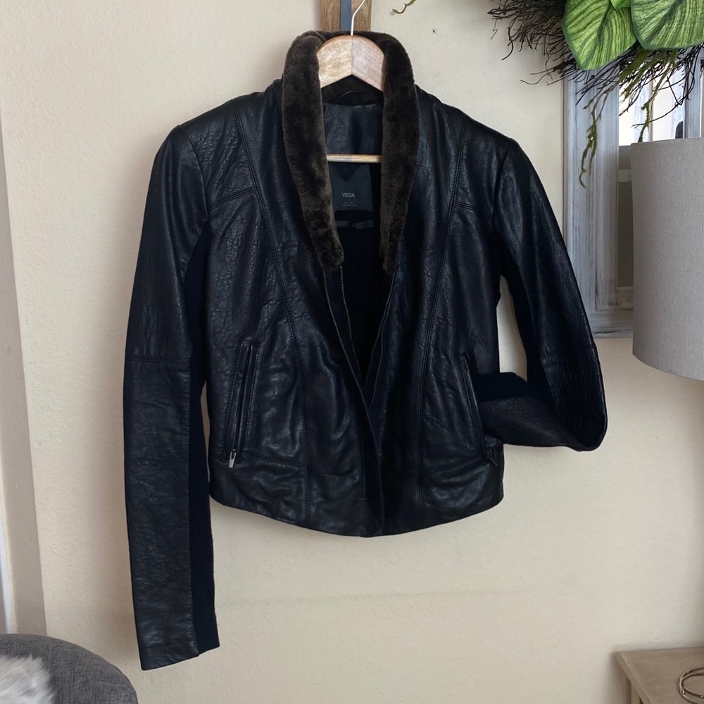 Veda Shearling-Trimmed Leather Jacket